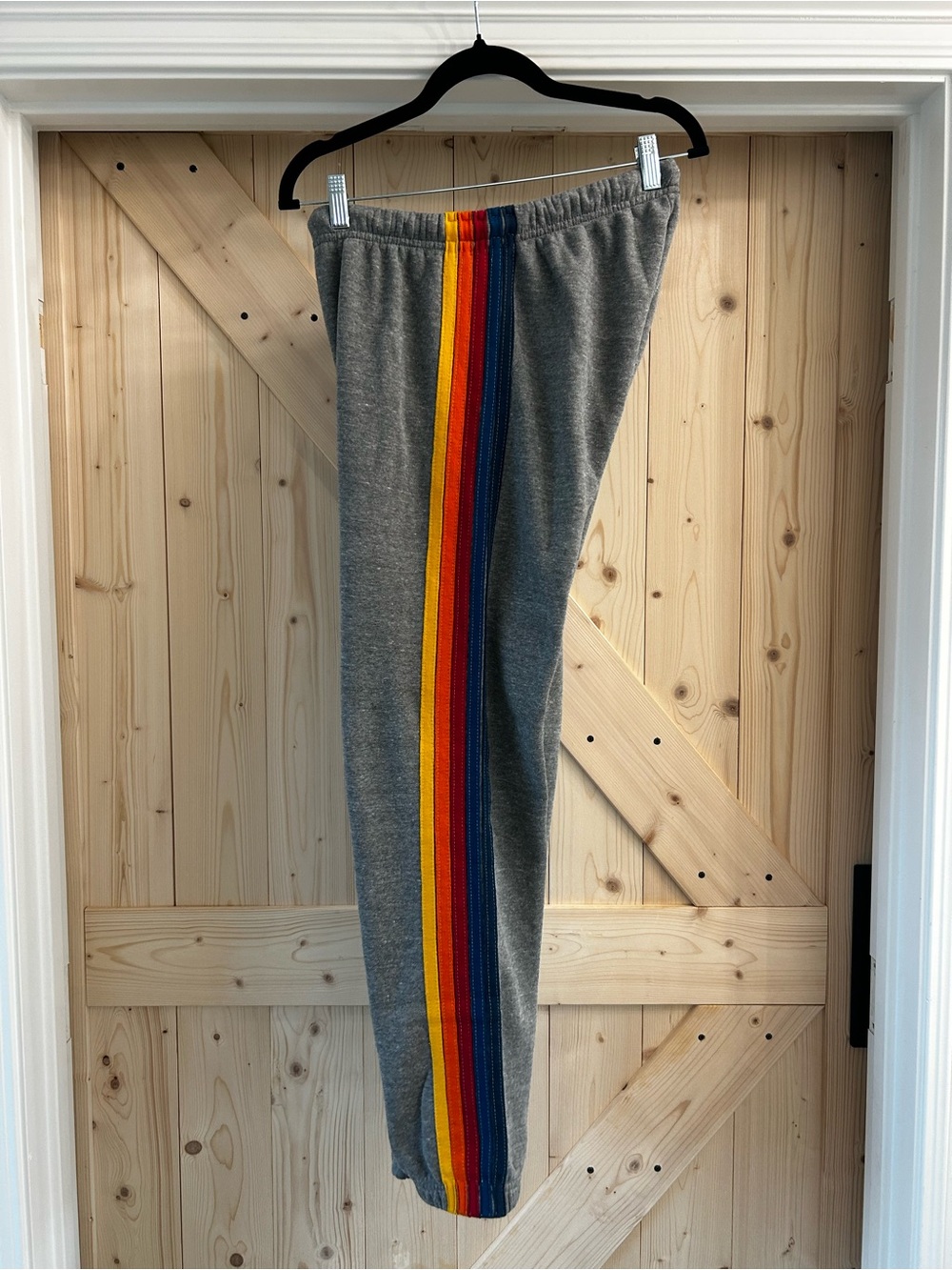 Aviator Nation Grey Track Joggers with 5 Rainbow Side Stripes